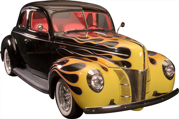Black and yellow flamed 1940 Ford coupe on Radir whitewalls