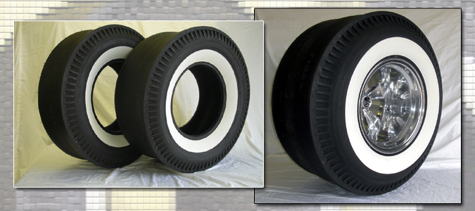 Pair of Radir dragster slicks, wide whitewall, staged side by side